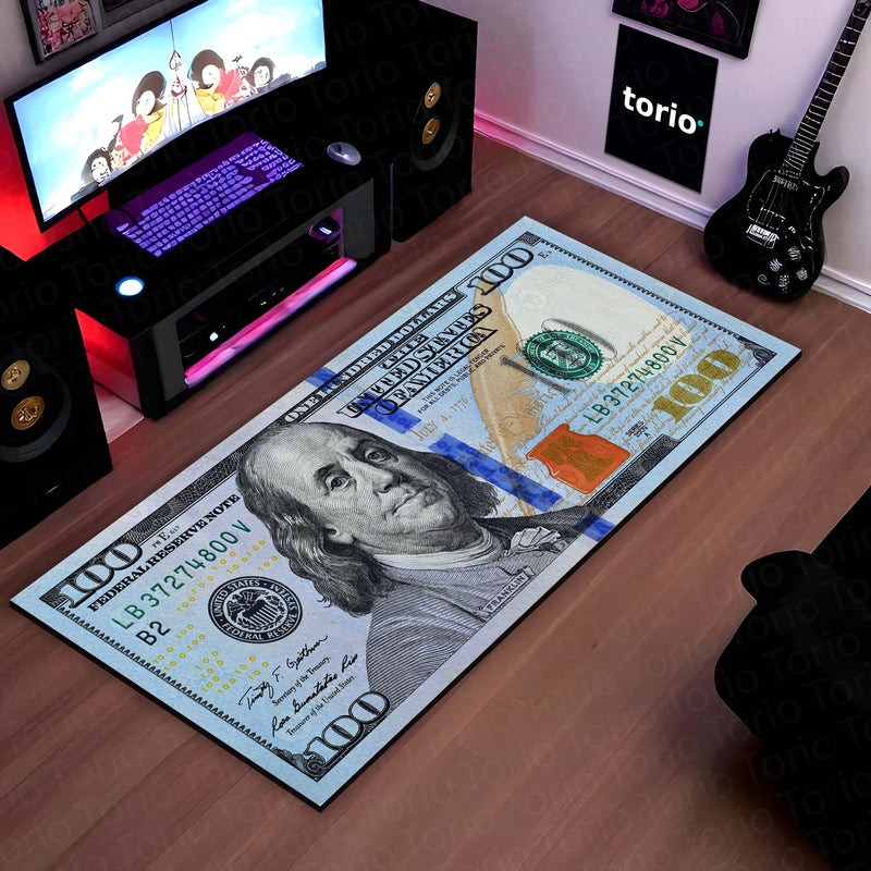 100 Dollar Bill Money Print Area Rug (3 mm Thick) | Hustle Aesthetic Currency Design Floor Carpet for Modern Room Decor