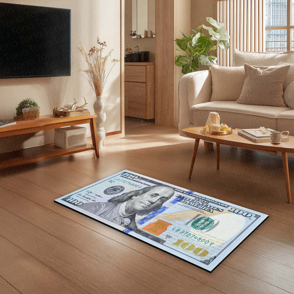 100 Dollar Bill Money Print Area Rug (3 mm Thick) | Hustle Aesthetic Currency Design Floor Carpet for Modern Room Decor