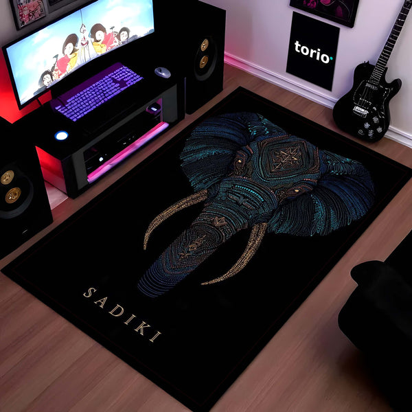 Tribal Elephant Head Area Rug | Luxury Elephant Face Floor Mat | Premium Black Designer Rug for Living Room, Bedroom & Modern Home Decor