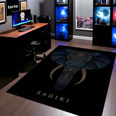 Tribal Elephant Head Area Rug | Luxury Elephant Face Floor Mat | Premium Black Designer Rug for Living Room, Bedroom & Modern Home Decor