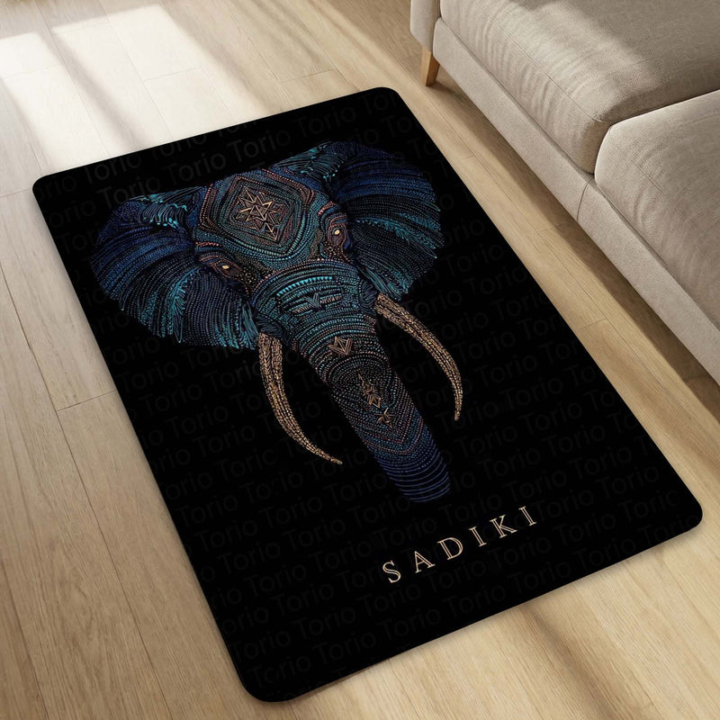 Tribal Elephant Head Area Rug | Luxury Elephant Face Floor Mat | Premium Black Designer Rug for Living Room, Bedroom & Modern Home Decor