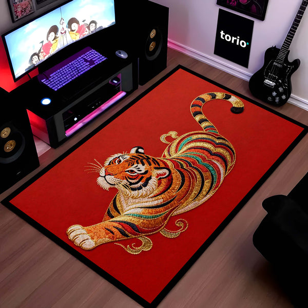 Tiger Design Floor Mat | Red Luxury Tiger Rug | Anti Slip Washable Door Mat for Home Entrance, Bedroom, Living Room Decor | 3 mm Thin Floor Mat
