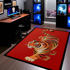 Tiger Design Floor Mat | Red Luxury Tiger Rug | Anti Slip Washable Door Mat for Home Entrance, Bedroom, Living Room Decor | 3 mm Thin Floor Mat
