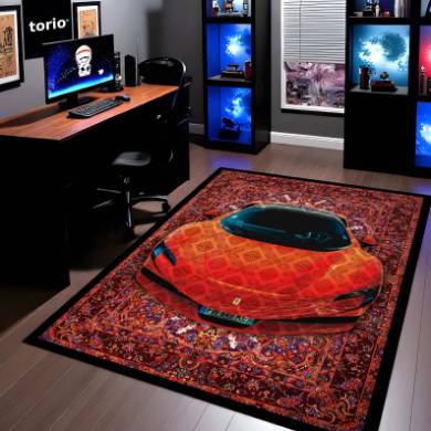 Ferrari SF90 Stradale Front View Floor Mat | Red Persian Pattern Hypercar Luxury Rug | Anti-Slip 3mm Absorbent Supercar Design Mat for Home, Office & Studio