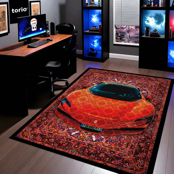 Ferrari SF90 Stradale Front View Floor Mat | Red Persian Pattern Hypercar Luxury Rug | Anti-Slip 3mm Absorbent Supercar Design Mat for Home, Office & Studio