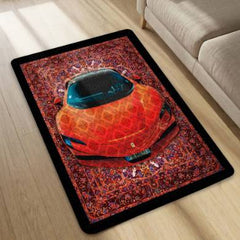 Ferrari SF90 Stradale Front View Floor Mat | Red Persian Pattern Hypercar Luxury Rug | Anti-Slip 3mm Absorbent Supercar Design Mat for Home, Office & Studio