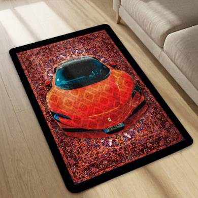 Ferrari SF90 Stradale Front View Floor Mat | Red Persian Pattern Hypercar Luxury Rug | Anti-Slip 3mm Absorbent Supercar Design Mat for Home, Office & Studio