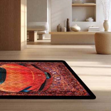 Ferrari SF90 Stradale Front View Floor Mat | Red Persian Pattern Hypercar Luxury Rug | Anti-Slip 3mm Absorbent Supercar Design Mat for Home, Office & Studio