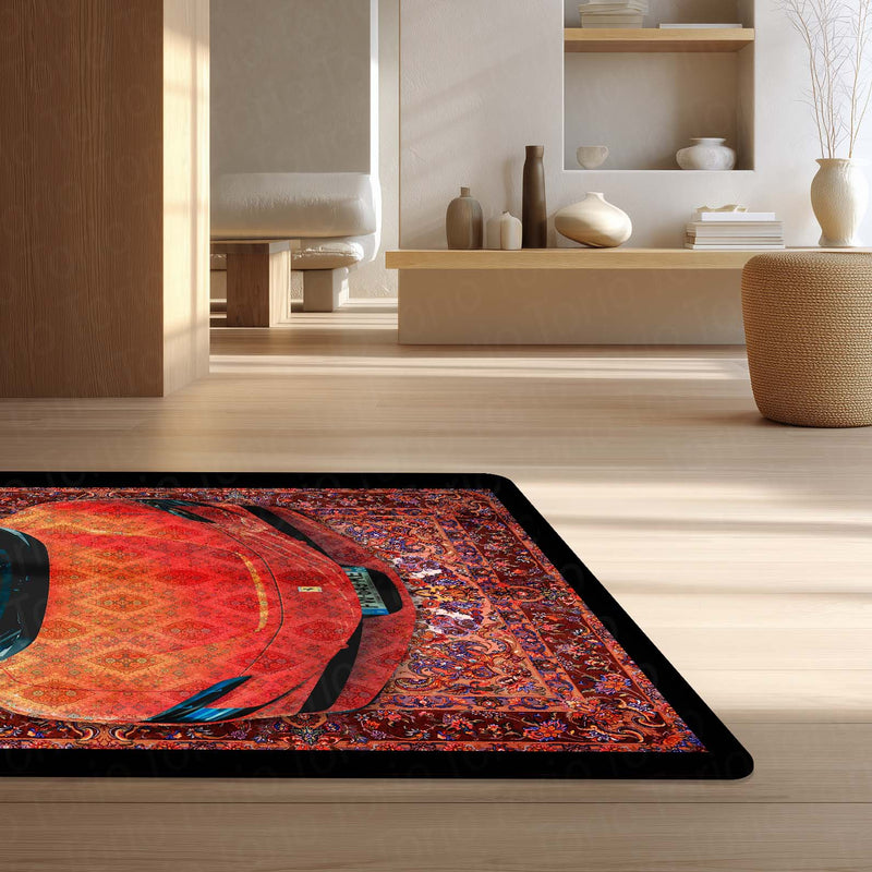 Ferrari SF90 Stradale Front View Floor Mat | Red Persian Pattern Hypercar Luxury Rug | Anti-Slip 3mm Absorbent Supercar Design Mat for Home, Office & Studio