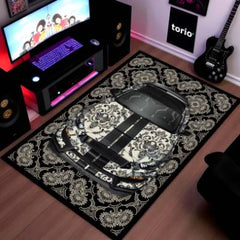 Ford Mustang Shelby GT500 Front View Floor Mat | Black Damask Muscle Car Luxury Rug | Anti-Slip 3mm Absorbent Performance Car Design Mat for Home, Office & Studio