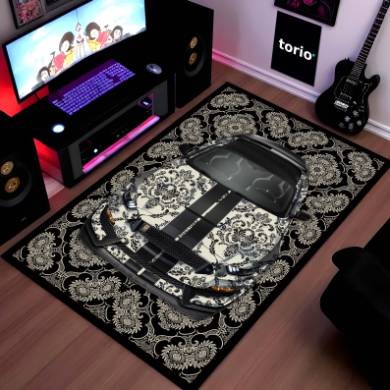 Ford Mustang Shelby GT500 Front View Floor Mat | Black Damask Muscle Car Luxury Rug | Anti-Slip 3mm Absorbent Performance Car Design Mat for Home, Office & Studio