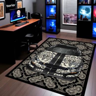 Ford Mustang Shelby GT500 Front View Floor Mat | Black Damask Muscle Car Luxury Rug | Anti-Slip 3mm Absorbent Performance Car Design Mat for Home, Office & Studio