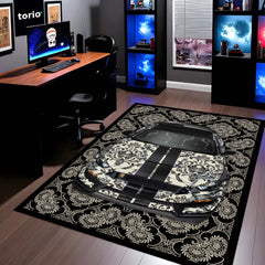 Ford Mustang Shelby GT500 Front View Floor Mat | Black Damask Muscle Car Luxury Rug | Anti-Slip 3mm Absorbent Performance Car Design Mat for Home, Office & Studio