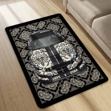 Ford Mustang Shelby GT500 Front View Floor Mat | Black Damask Muscle Car Luxury Rug | Anti-Slip 3mm Absorbent Performance Car Design Mat for Home, Office & Studio