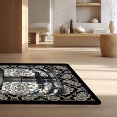 Ford Mustang Shelby GT500 Front View Floor Mat | Black Damask Muscle Car Luxury Rug | Anti-Slip 3mm Absorbent Performance Car Design Mat for Home, Office & Studio