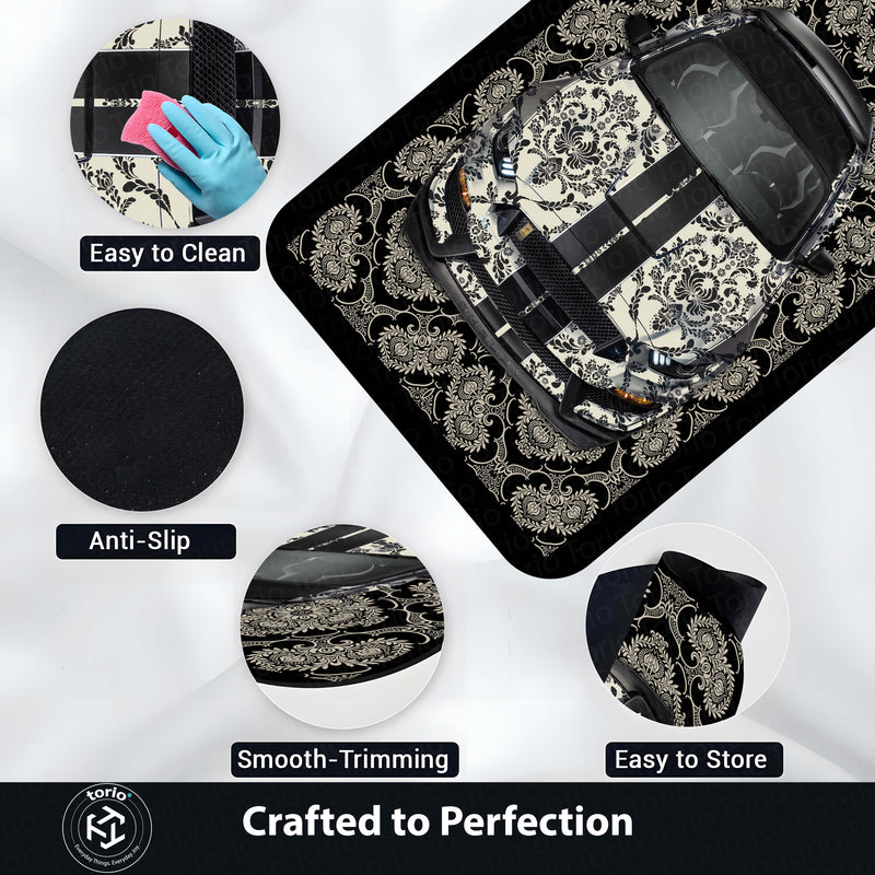 Ford Mustang Shelby GT500 Front View Floor Mat | Black Damask Muscle Car Luxury Rug | Anti-Slip 3mm Absorbent Performance Car Design Mat for Home, Office & Studio