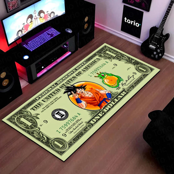 Goku Dragon Ball Money Note Flat Rug | Anime Dollar Bill Inspired Bedroom Rug for Gaming Room & Otaku Decor