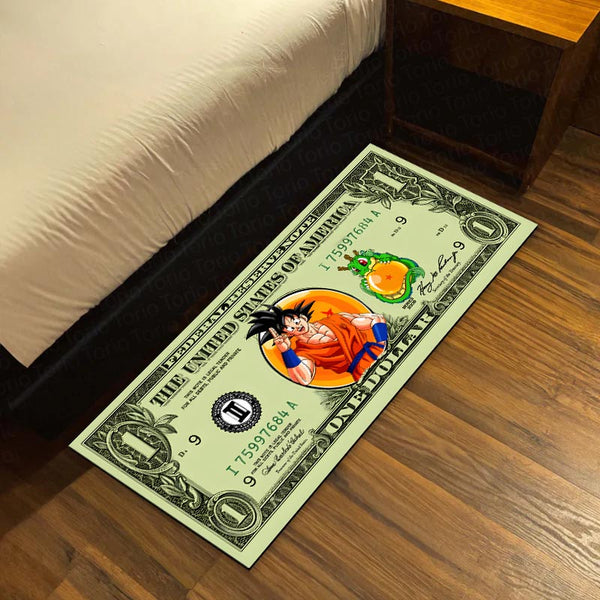 Goku Dragon Ball Money Note Flat Rug | Anime Dollar Bill Inspired Bedroom Rug for Gaming Room & Otaku Decor