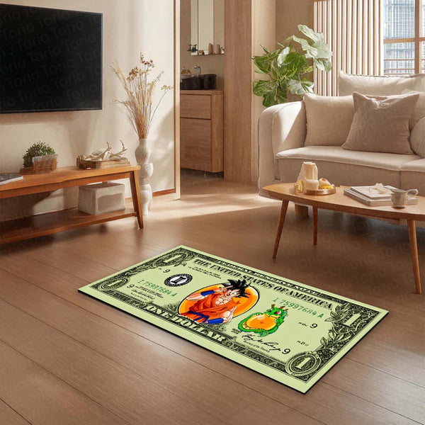 Goku Dragon Ball Money Note Flat Rug | Anime Dollar Bill Inspired Bedroom Rug for Gaming Room & Otaku Decor
