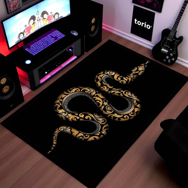 Golden Snake Luxury Area Rug | Aesthetic Black & Gold Serpent Floor Mat | Modern Designer Rug for Bedroom, Living Room & Gaming Room Decor | Anti Slip Washable 3 mm Carpet