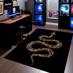 Golden Snake Luxury Area Rug | Aesthetic Black & Gold Serpent Floor Mat | Modern Designer Rug for Bedroom, Living Room & Gaming Room Decor | Anti Slip Washable 3 mm Carpet