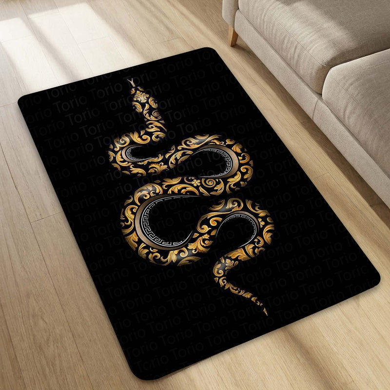 Golden Snake Luxury Area Rug | Aesthetic Black & Gold Serpent Floor Mat | Modern Designer Rug for Bedroom, Living Room & Gaming Room Decor | Anti Slip Washable 3 mm Carpet