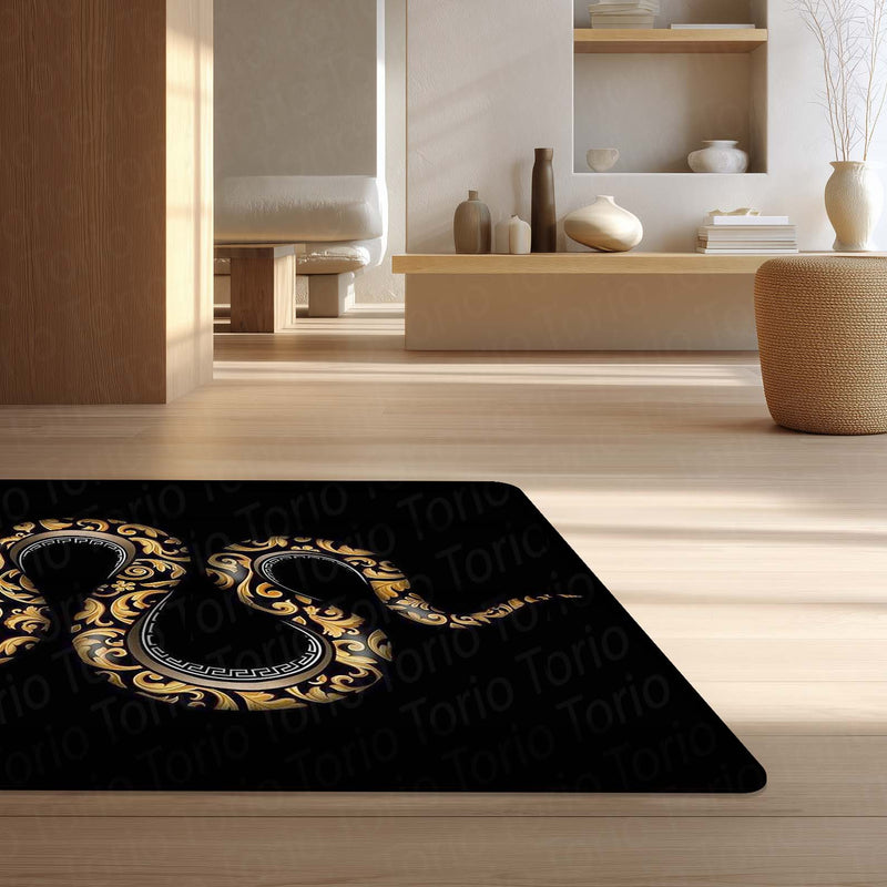 Golden Snake Luxury Area Rug | Aesthetic Black & Gold Serpent Floor Mat | Modern Designer Rug for Bedroom, Living Room & Gaming Room Decor | Anti Slip Washable 3 mm Carpet