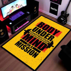 Body Under Construction Mind on a Mission Rubber Floor Mat (3 mm Thick) | Powerful Gym Motivation Quote Rug for Home Gym, Workout Room & Fitness Décor