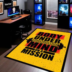 Body Under Construction Mind on a Mission Rubber Floor Mat (3 mm Thick) | Powerful Gym Motivation Quote Rug for Home Gym, Workout Room & Fitness Décor