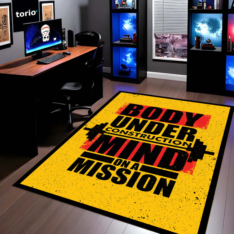 Body Under Construction Mind on a Mission Rubber Floor Mat (3 mm Thick) | Powerful Gym Motivation Quote Rug for Home Gym, Workout Room & Fitness Décor