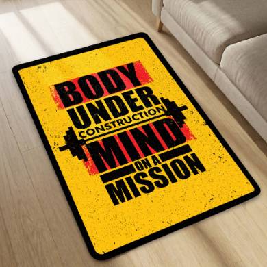 Body Under Construction Mind on a Mission Rubber Floor Mat (3 mm Thick) | Powerful Gym Motivation Quote Rug for Home Gym, Workout Room & Fitness Décor