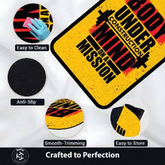 Body Under Construction Mind on a Mission Rubber Floor Mat (3 mm Thick) | Powerful Gym Motivation Quote Rug for Home Gym, Workout Room & Fitness Décor