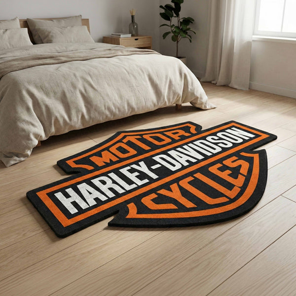 Harley-Davidson Motorcycle Logo Floor Mat (3 mm Thick) | Harley Biker Cut-Out Rug for Bedroom, Garage, Gaming Room & Rider Decor