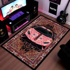 Lamborghini Aventador Front View Floor Mat | Persian Floral Supercar Luxury Rug | Anti-Slip 3mm Absorbent Exotic Car Design Mat for Home, Office & Studio