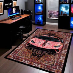 Lamborghini Aventador Front View Floor Mat | Persian Floral Supercar Luxury Rug | Anti-Slip 3mm Absorbent Exotic Car Design Mat for Home, Office & Studio