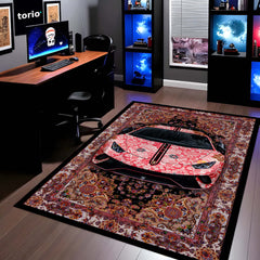 Lamborghini Aventador Front View Floor Mat | Persian Floral Supercar Luxury Rug | Anti-Slip 3mm Absorbent Exotic Car Design Mat for Home, Office & Studio