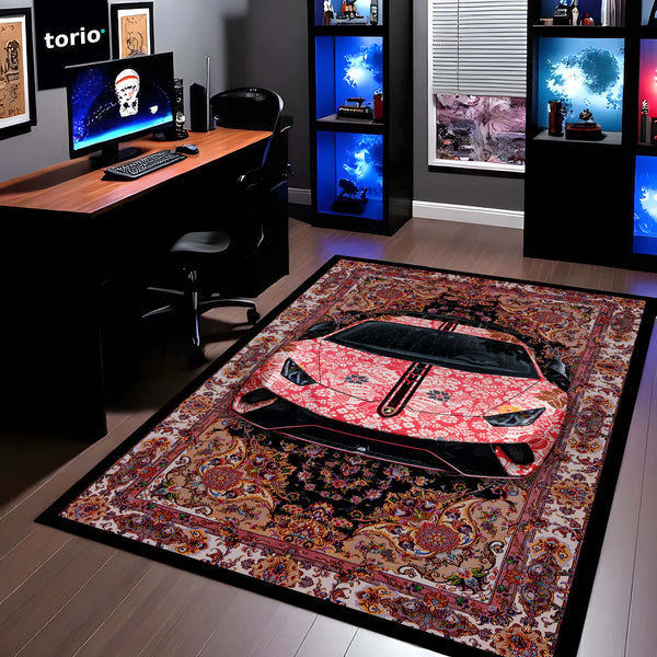 Lamborghini Aventador Front View Floor Mat | Persian Floral Supercar Luxury Rug | Anti-Slip 3mm Absorbent Exotic Car Design Mat for Home, Office & Studio