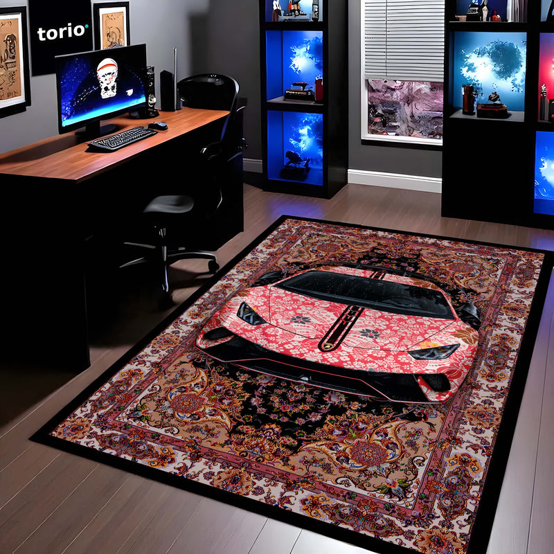 Lamborghini Aventador Front View Floor Mat | Persian Floral Supercar Luxury Rug | Anti-Slip 3mm Absorbent Exotic Car Design Mat for Home, Office & Studio