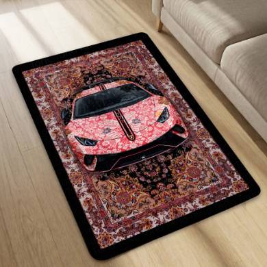 Lamborghini Aventador Front View Floor Mat | Persian Floral Supercar Luxury Rug | Anti-Slip 3mm Absorbent Exotic Car Design Mat for Home, Office & Studio