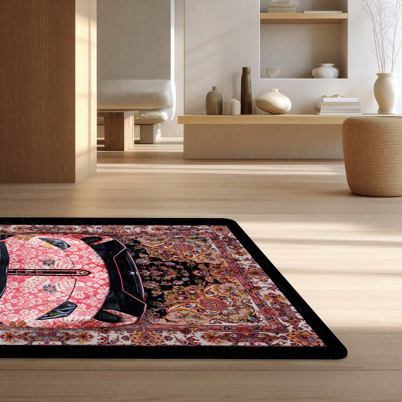 Lamborghini Aventador Front View Floor Mat | Persian Floral Supercar Luxury Rug | Anti-Slip 3mm Absorbent Exotic Car Design Mat for Home, Office & Studio