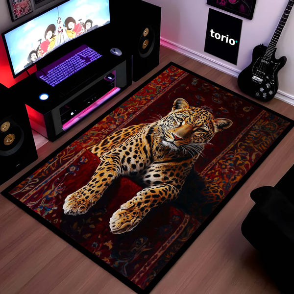 Leopard Luxury Area Rug | Wild Animal Floor Mat on Persian Carpet Design | Premium Aesthetic Rug for Bedroom, Living Room & Modern Home Decor