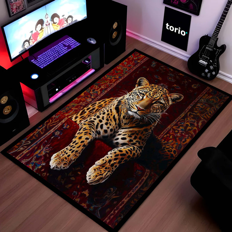 Leopard Luxury Area Rug | Wild Animal Floor Mat on Persian Carpet Design | Premium Aesthetic Rug for Bedroom, Living Room & Modern Home Decor