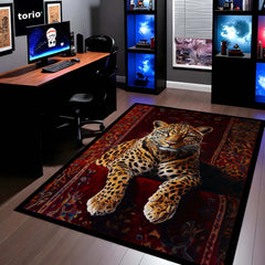 Leopard Luxury Area Rug | Wild Animal Floor Mat on Persian Carpet Design | Premium Aesthetic Rug for Bedroom, Living Room & Modern Home Decor