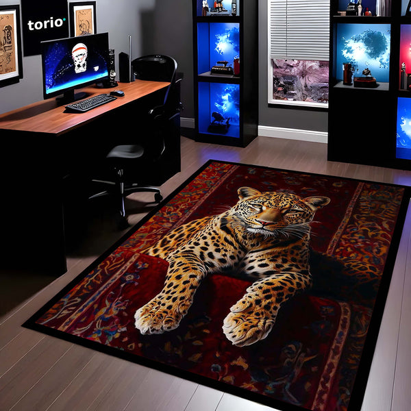 Leopard Luxury Area Rug | Wild Animal Floor Mat on Persian Carpet Design | Premium Aesthetic Rug for Bedroom, Living Room & Modern Home Decor