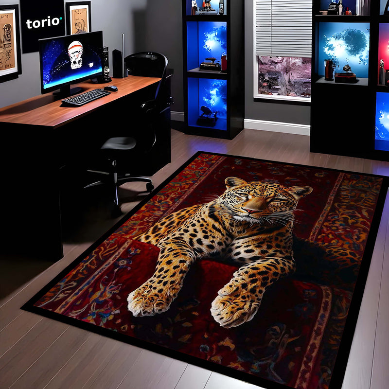 Leopard Luxury Area Rug | Wild Animal Floor Mat on Persian Carpet Design | Premium Aesthetic Rug for Bedroom, Living Room & Modern Home Decor