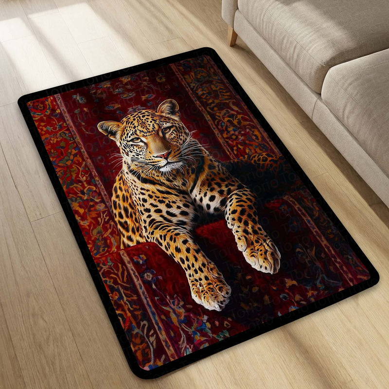Leopard Luxury Area Rug | Wild Animal Floor Mat on Persian Carpet Design | Premium Aesthetic Rug for Bedroom, Living Room & Modern Home Decor