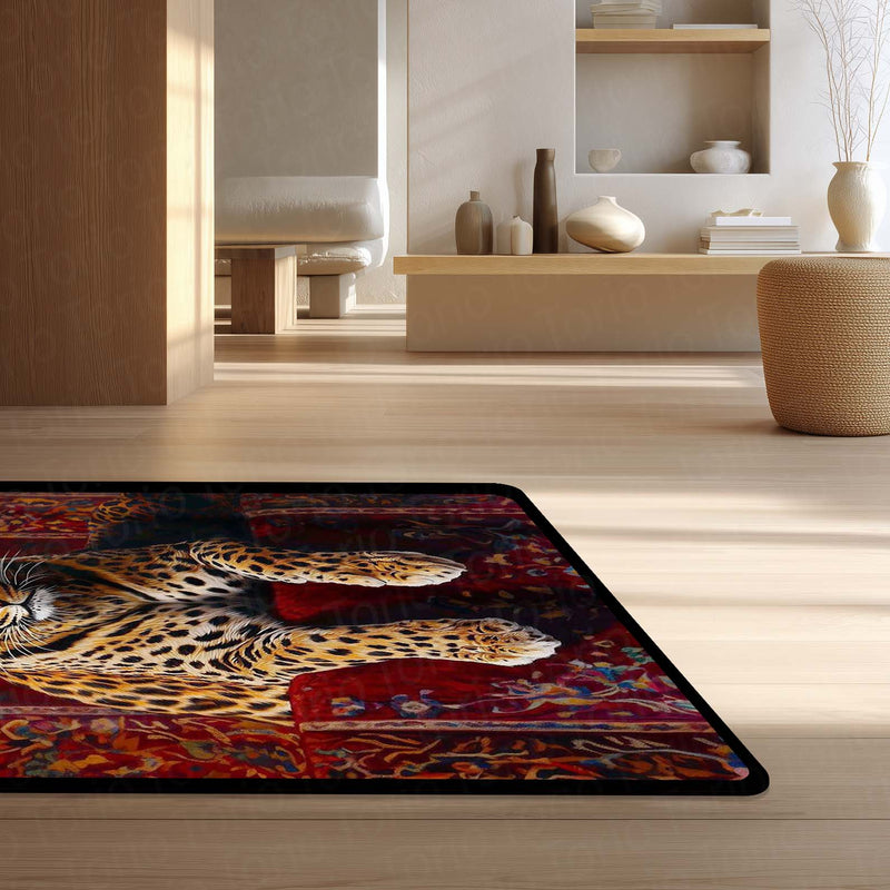 Leopard Luxury Area Rug | Wild Animal Floor Mat on Persian Carpet Design | Premium Aesthetic Rug for Bedroom, Living Room & Modern Home Decor