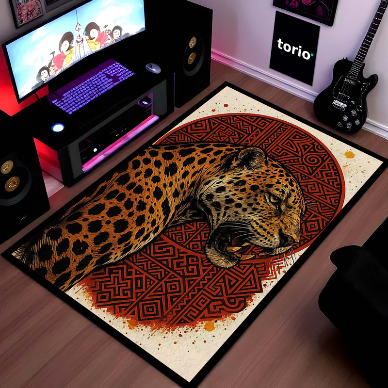 Leopard Tribal Art Area Rug | Fierce Wild Animal Floor Mat with Red Geometric Design | Premium Aesthetic Rug for Bedroom, Living Room & Gaming Setup