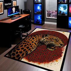 Leopard Tribal Art Area Rug | Fierce Wild Animal Floor Mat with Red Geometric Design | Premium Aesthetic Rug for Bedroom, Living Room & Gaming Setup
