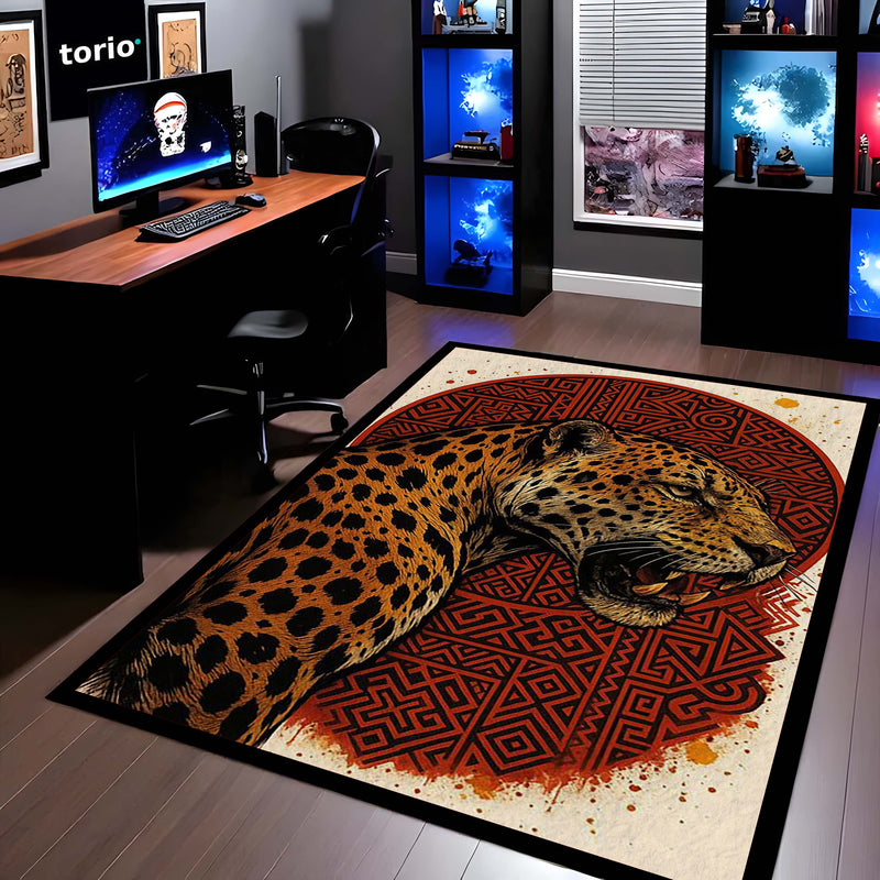 Leopard Tribal Art Area Rug | Fierce Wild Animal Floor Mat with Red Geometric Design | Premium Aesthetic Rug for Bedroom, Living Room & Gaming Setup